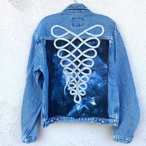 VINTAGE denim jean jacket wolf print pockets oversized graphic print image trim